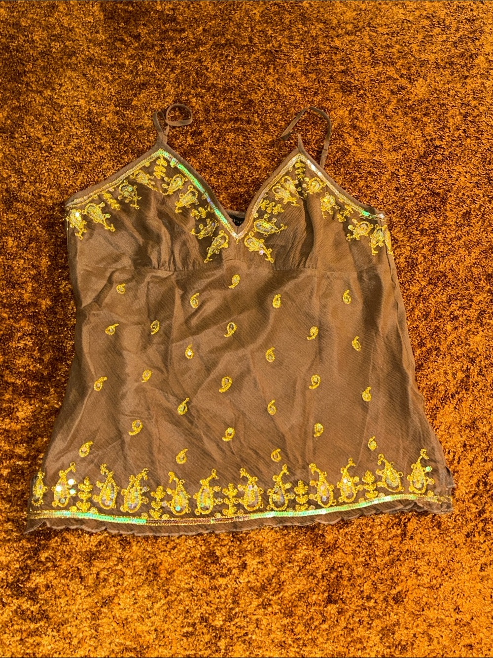 bebe Brown Sheer Camisole with Yellow-Gold Embroidery